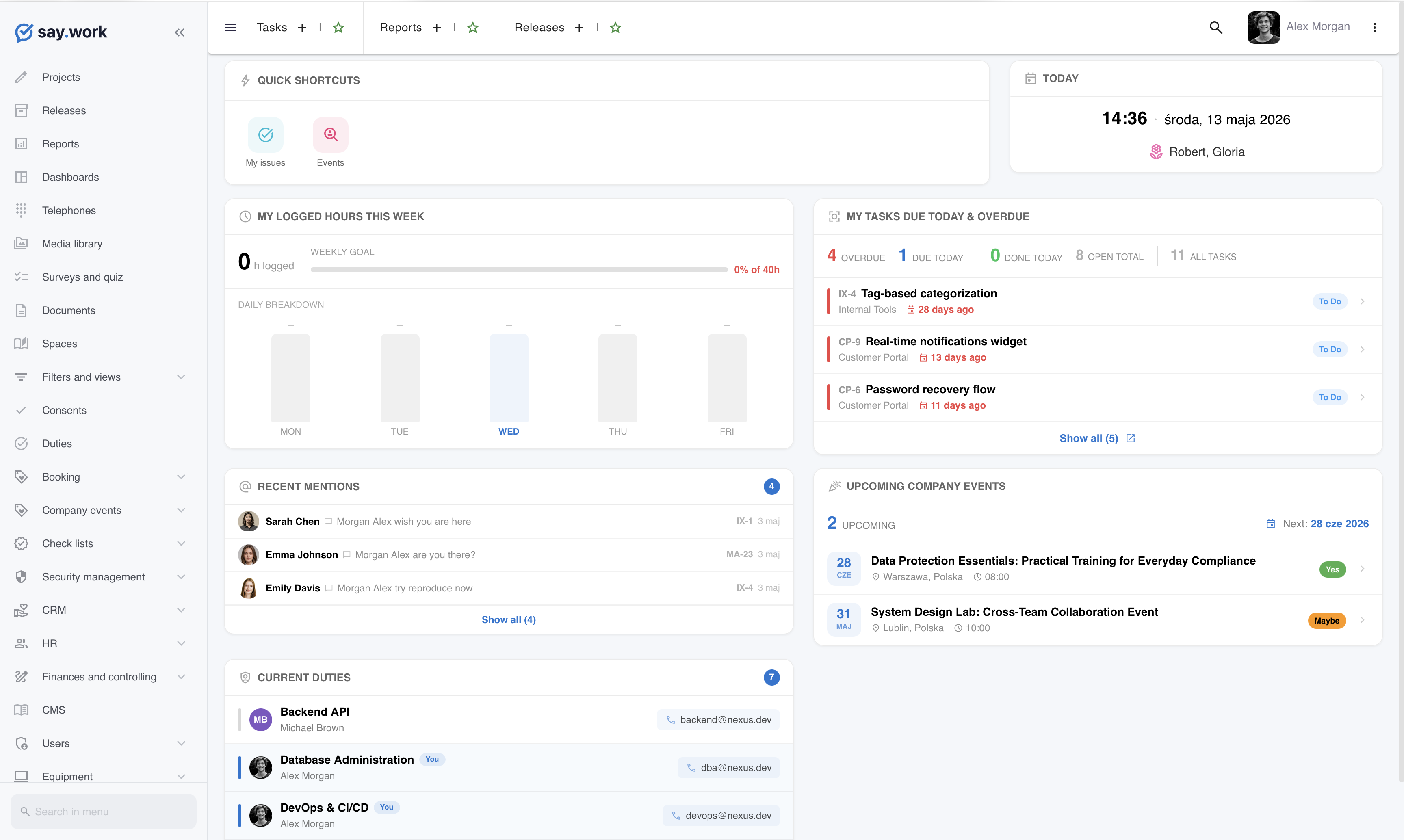 say.work — dashboard with widgets, tasks and company calendar