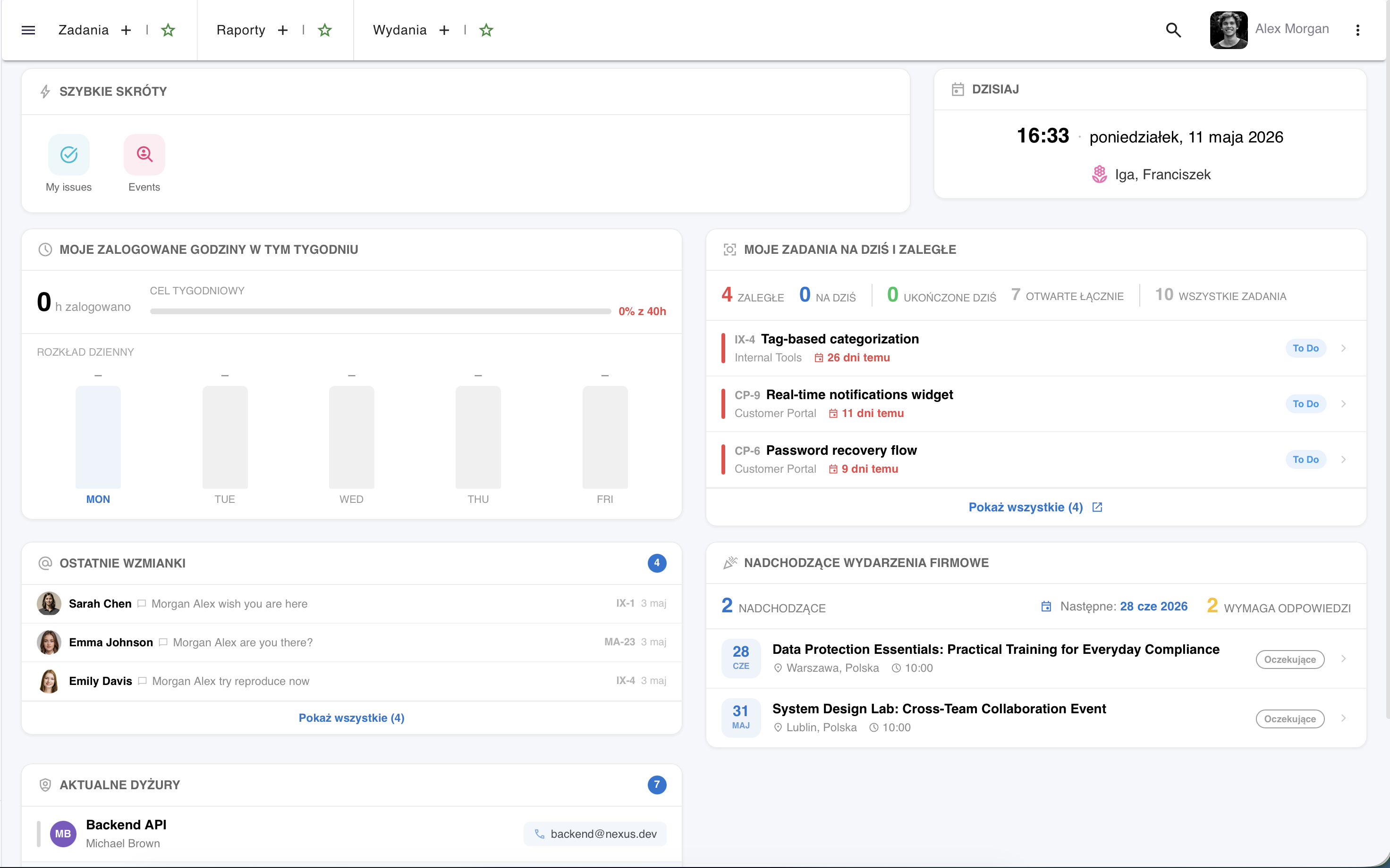 say.work — ekran główny z widgetami